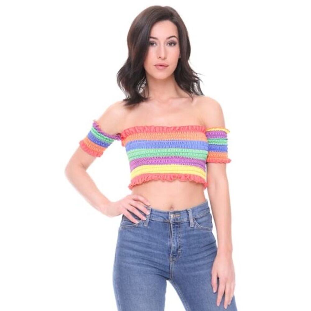 nwt STYLEWISE Top UK 6~US 2 Rainbow Stripe Smocked Ruffle Off-Shoulder Short-Slv